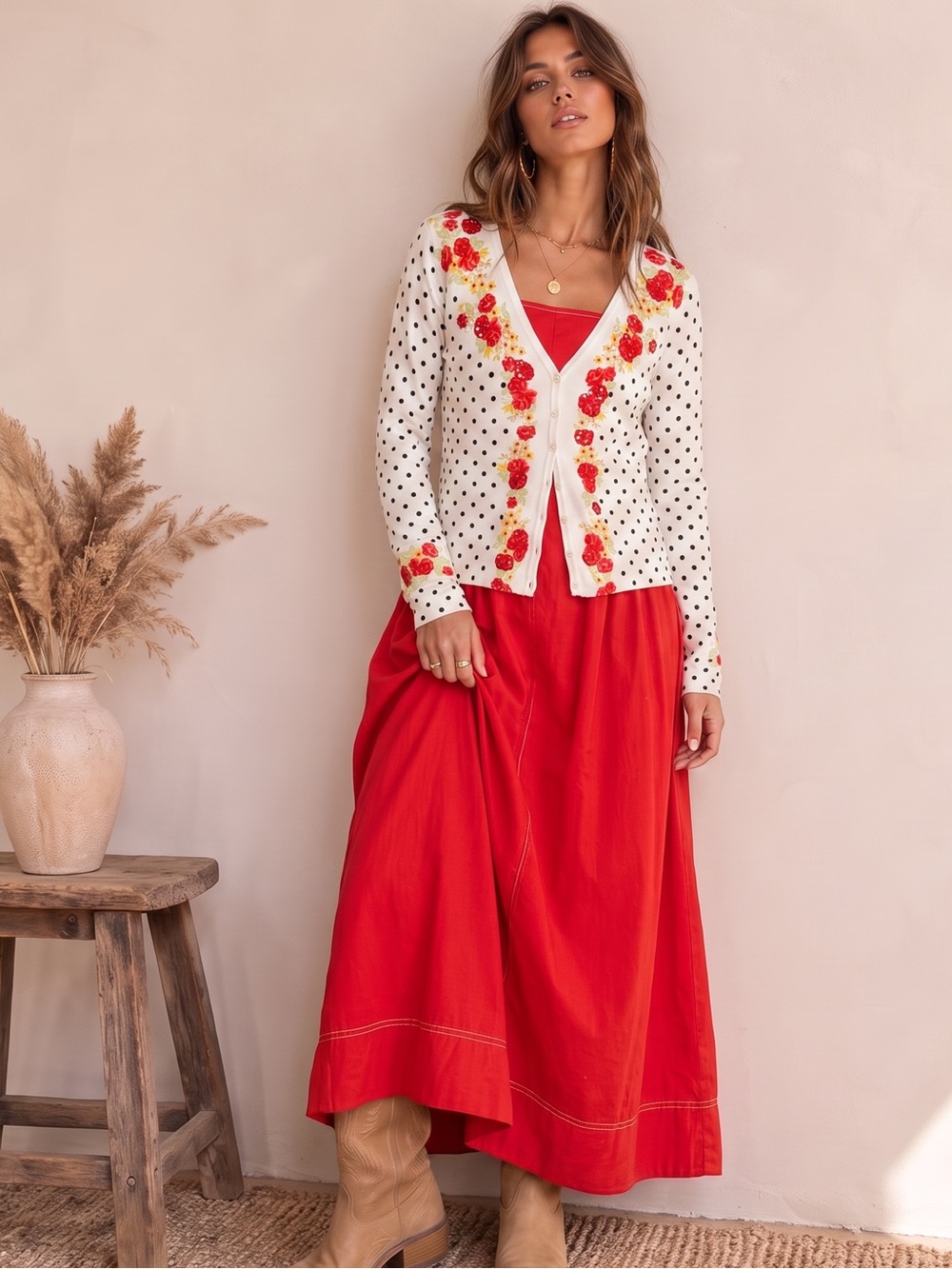 VINTAGE CARLISLE Beaded Floral & Polka Dot Cardigan